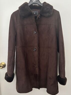 Portrait Chocolate Brown Faux Suede Coat with Faux Fur Lining/Collar - sz Small